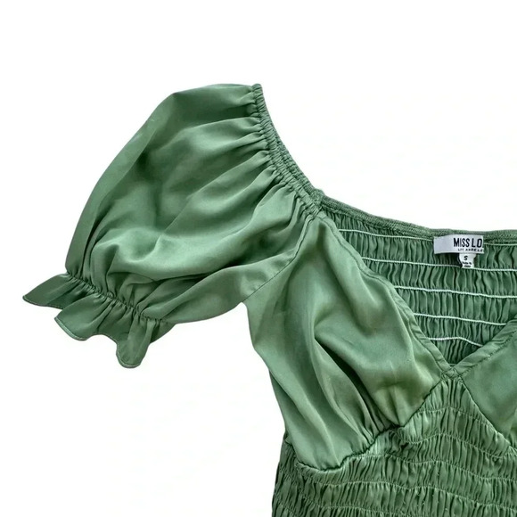 Miss Lola- Sage Green Satin Fairy Boho Ballet Ruffle Bodysuit, Size Small - Picture 2 of 12